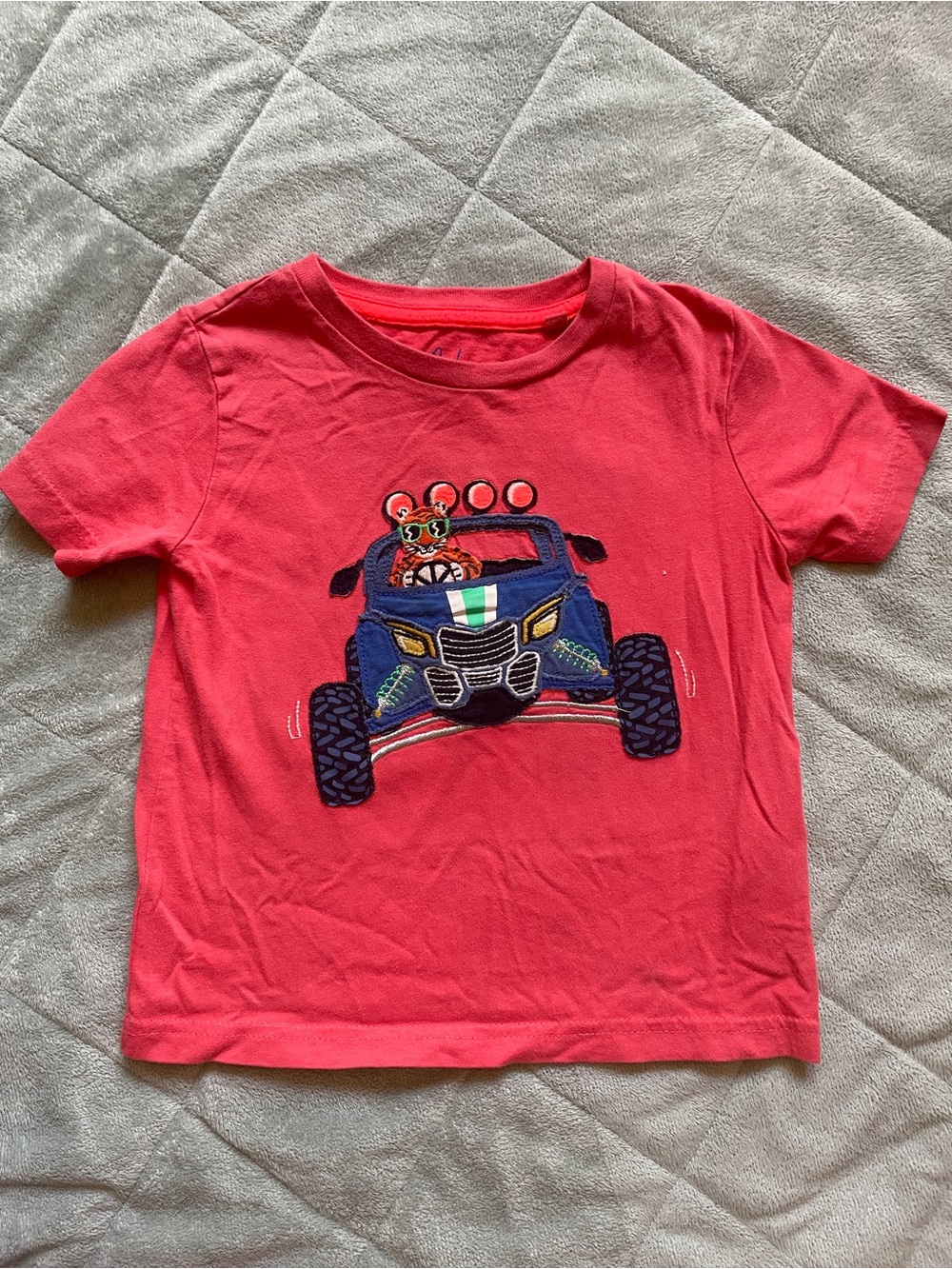 Mini Boden Red Tee with Blue Monster Truck Embroidery